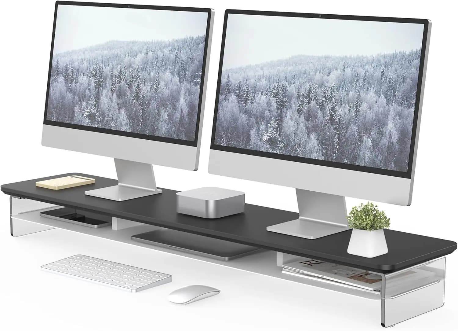 Supporto per Monitor in Acrilico, Stand per Doppio Monitor da 42,5 Pollici con Vano Portaoggetti in Metallo, Supporto per Computer a 2 Livelli in Acrilico Trasparente per Scrivania