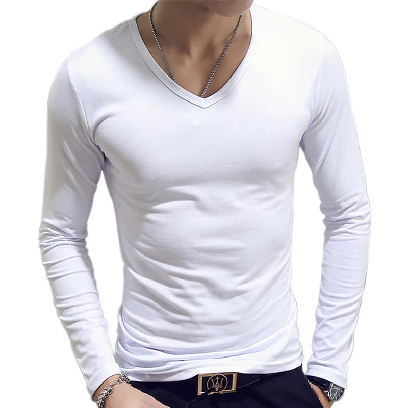 T-shirt da uomo Slim Basic tinta unita bianca camicia a fondo autunnale primavera uomo girocollo scollo a v top Casual camicie a maniche lunghe