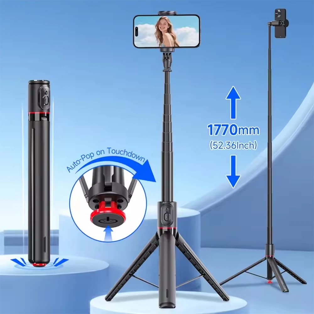 TT01 Auto Pop Up Selfie Stick Treppiede Clip per telefono nascosto espandibile da 52,36" per telefono cellulare con telecomando magnetico Bluetooth