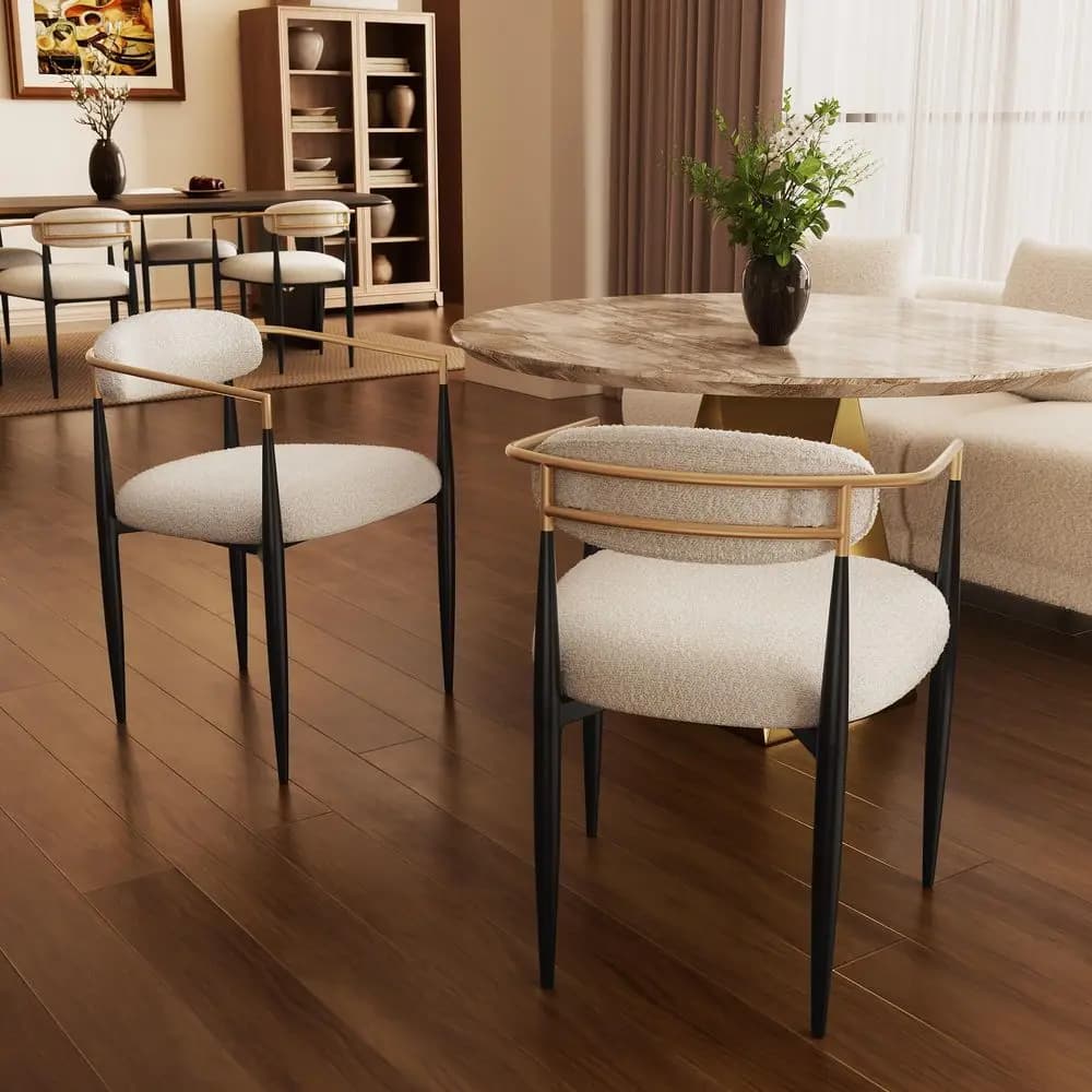 Modern Dining Chairs Set of 2, Cream Boucle Dining Chairs with Upholstered Cushions and Gold Arms for Kitchen, Living Room and