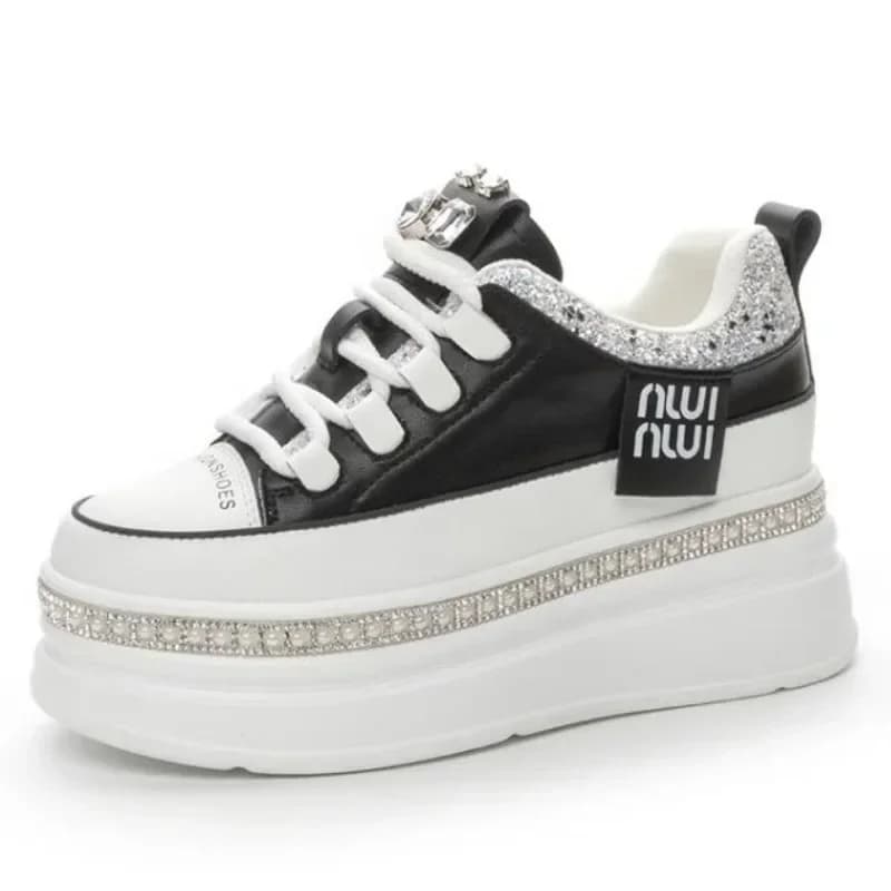 Top quality 7cm Genuine Leather Women Platform Wedge Autumn Spring Hidden Heels Women Vulcanized Bling Sneakers Casual Shoes