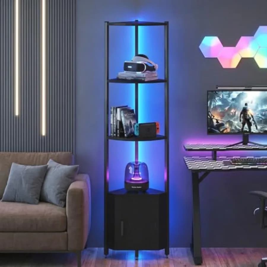 Scaffale Angolare con Luci LED e Spazio di Archiviazione, Libreria Angolare a 6 Ripiani da 66'' con Struttura in Acciaio e Espositore con L