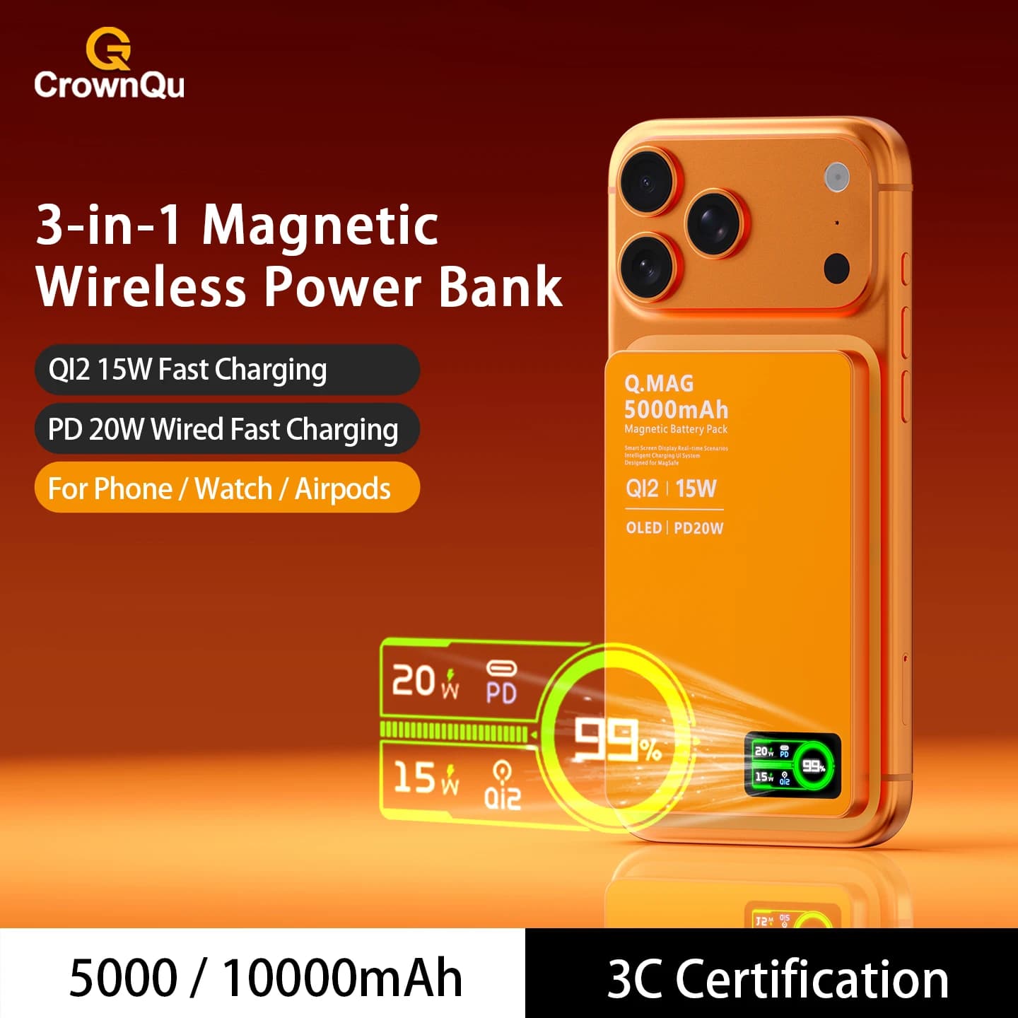 Powerbank Magnetic Wireless Qi 2.1 USB-C Quick Charging, External Battery Portable for iPhone 12-17 Pro, Watch, Airpods 5000/10000mAh