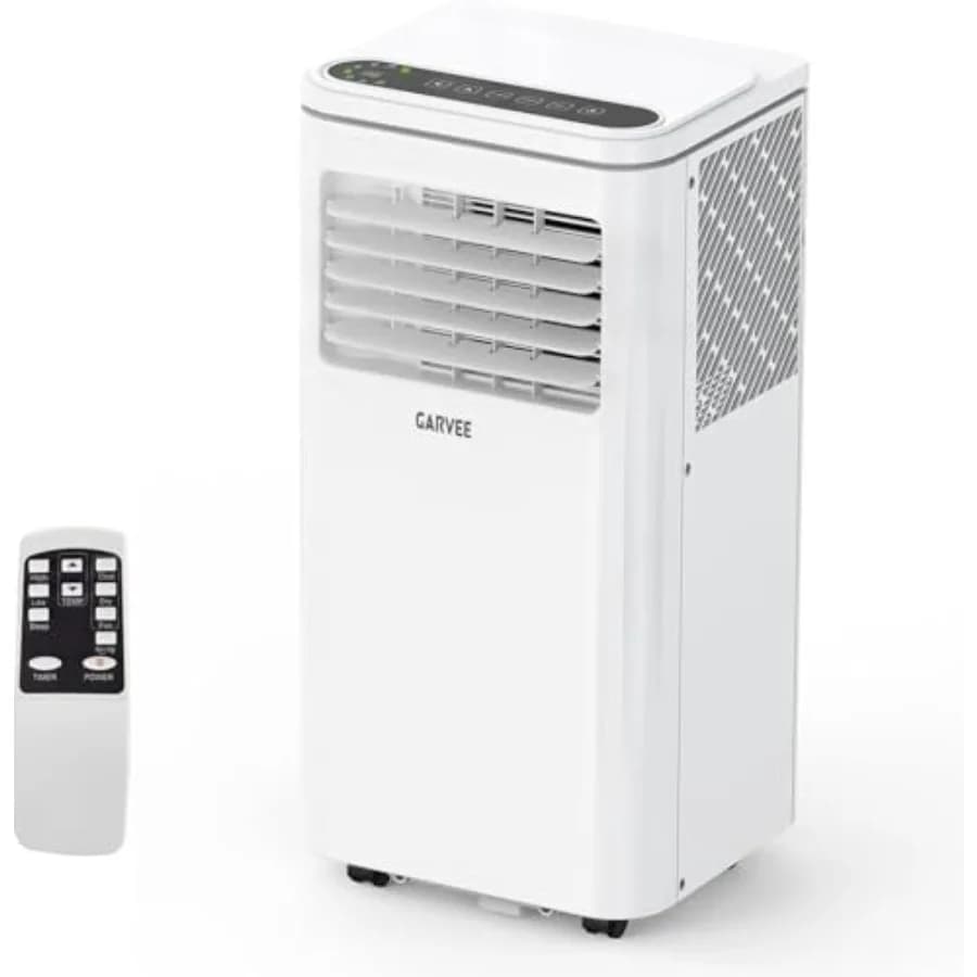 Portable 3-in-1 AC unit for rooms up to 350 sq.ft: cooling, dehumidifying, fan; white plastic housing; 8, 000 BTU; remote, slee