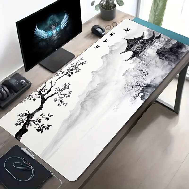 Tappetino per mouse con design del paesaggio cinese antico, accessori da scrivania antiscivolo in gomma di grandi dimensioni, tappetino per mouse per tappetino per tastiera da ufficio e giocatore