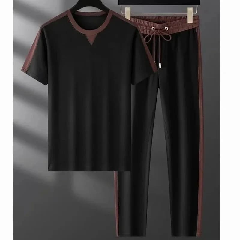 Men's Spring Summer 2 Piece Outfit, Lightweight Breathable Short Sleeve T-Shirt and Long Pants Set, Outdoor Sports Casual Daily