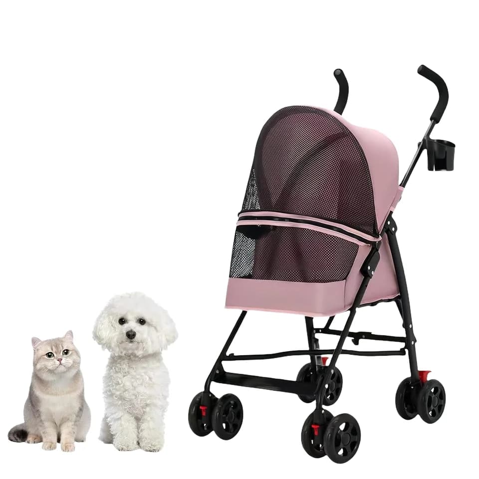 Pet Stroller 4-Wheel Pink Small Dogs 15kg Foldable Dog Carrier Eco-friendly Oxford Material Cup Holder Breathable Mesh Travel