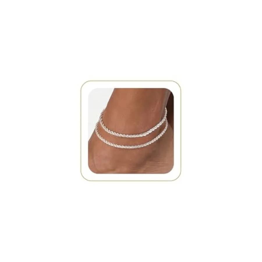 Sterling Silver Plated Ankle Bracelets for Women, Dainty Layered Waterproof Anklet for Women Adjustable Sparkly Herringbone Bea