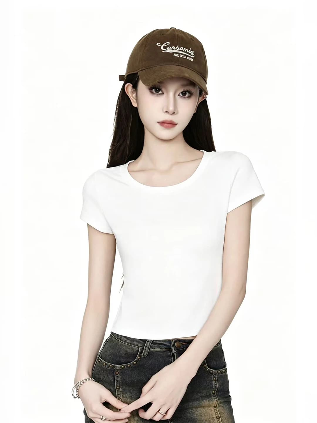 White round Neck Short Sleeve T-Shirt Women's Summer New Style Slim Fit Pure Color Basic Short Length Top Korean Style Citywa...
