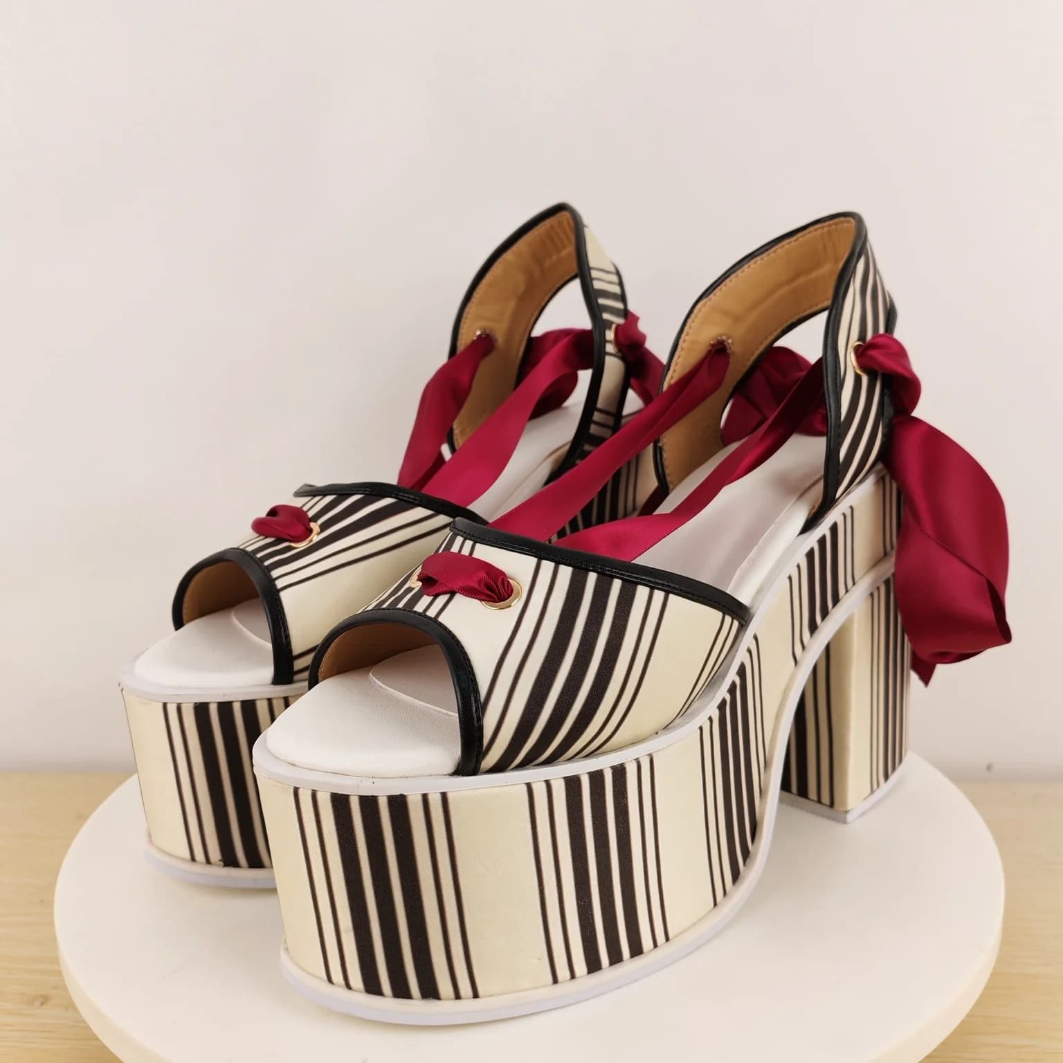 Women's Striped Canvas Chunky Heel Platform Sandals Red Satin Bow & Ankle Tie for Retro Lolita & Unique Fashion Statements