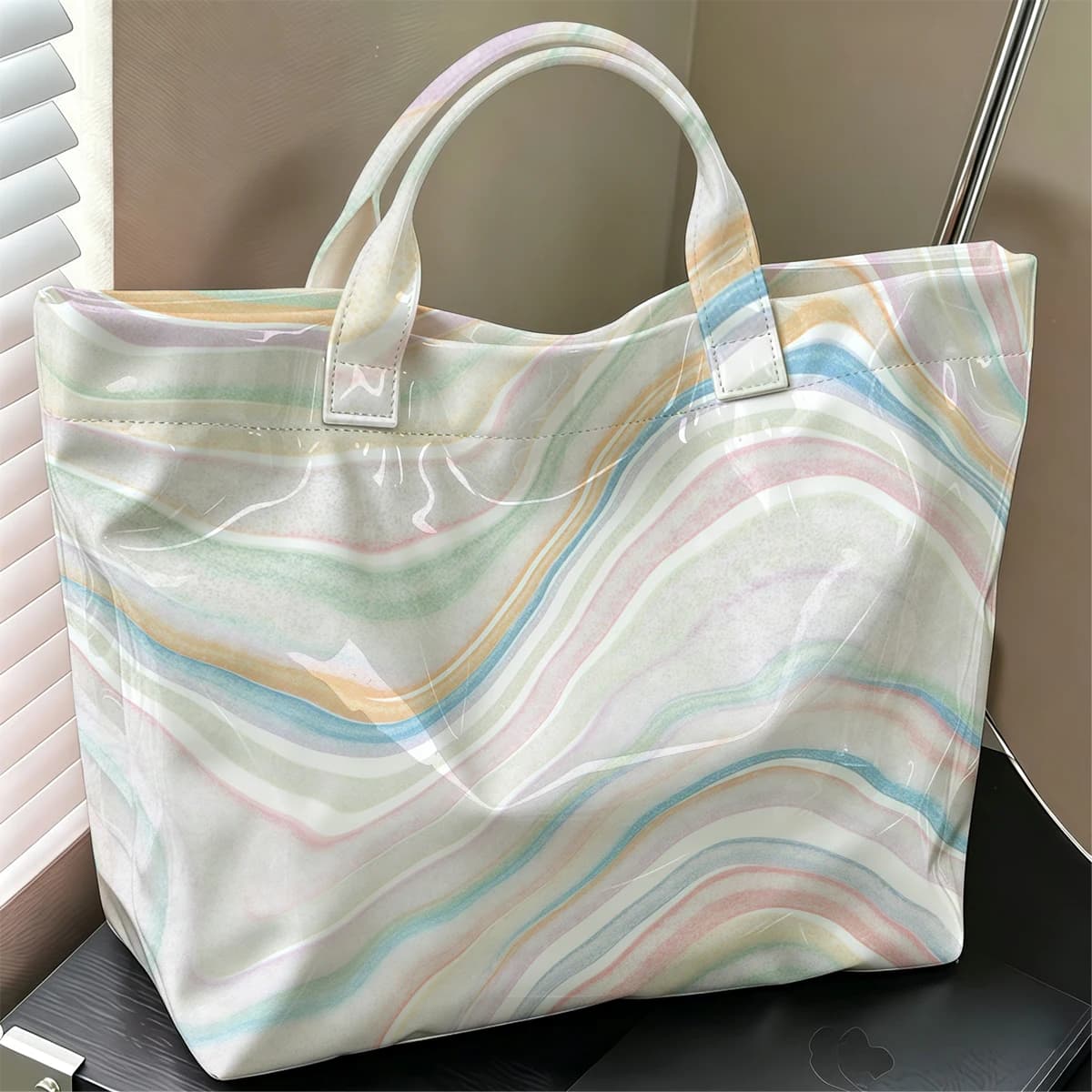 Pastel Marble Hot Sale Large Glossy PVC Tote Bag Hand Washable Waterproof Great for Travel Commute Makeup Storage Handbags