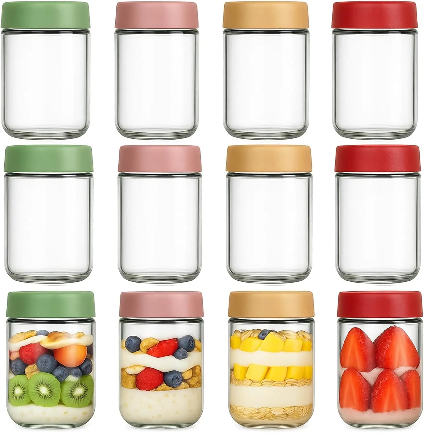 Set di 12 Contenitori per Overnight Oats con Coperchi, Barattoli in Vetro da 16oz con Coperchi Ermetici, Contenitori per Alimenti a Bocca Larga