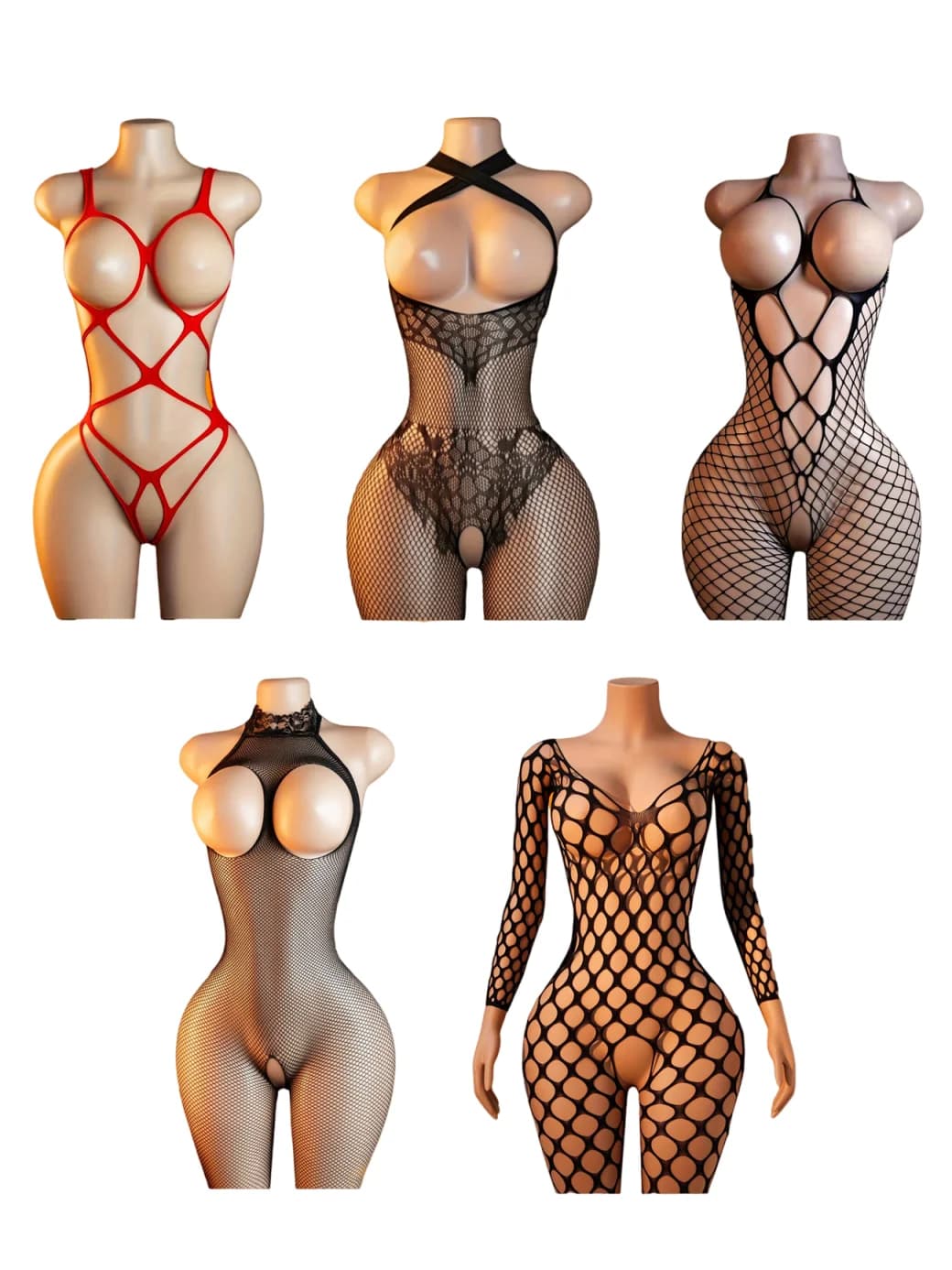 Perspective 5-Piece Set Sexy Women's Underwear plus Size Jumpsuit with Suspender Long Sleeved Top And Fishing Net Socks