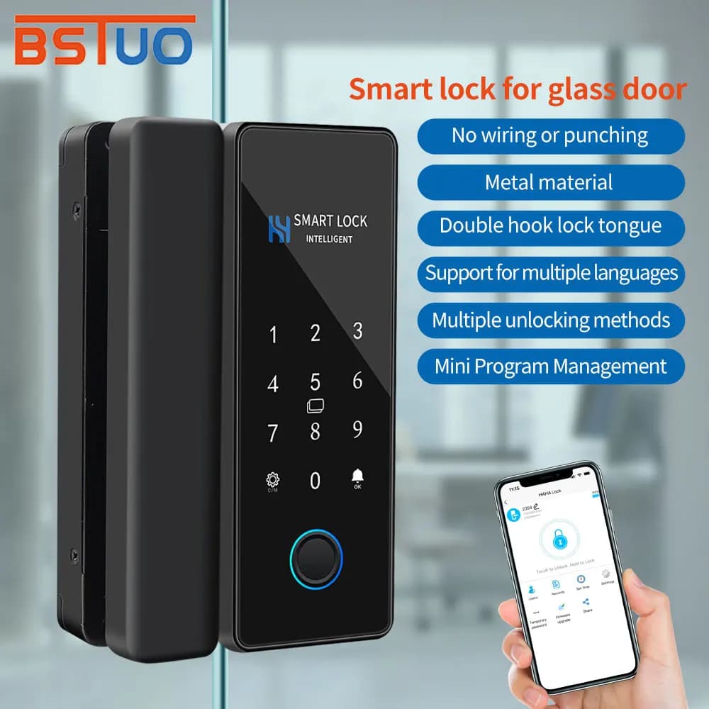 Haha-Lock APP Fingerprint Glass Locks Bluetooth Smart Glass Door Attendance Electronic Digital Lock RFID IC Card Remote Control