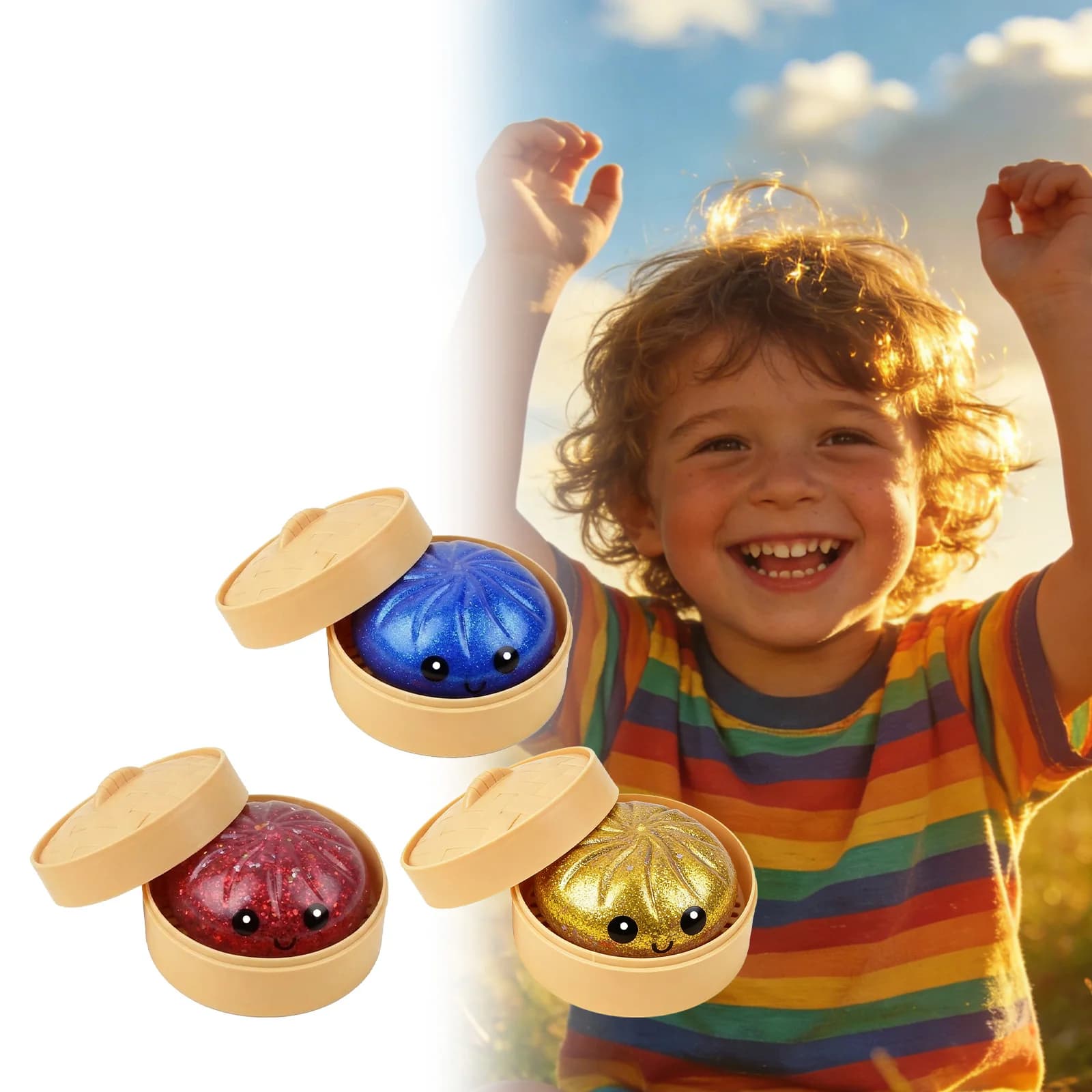 Squishy Morbido Antistress a Forma di Panino al Vapore Dorato Trasparente, Non Appiccicoso, Rimbalzante, Portatile, Giocattolo Sensoriale a Simulazione di Cibo per Bambini e Adulti
