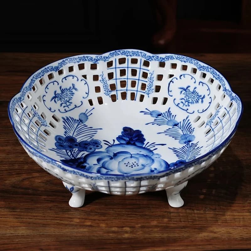 Set di Stoviglie in Ceramica Blu e Bianca - Vassoio Cavo a Quattro Gambe, Piatti per Frutta Secca, Ciotola per Insalata e Piatto per Frutta