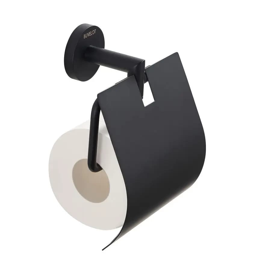 Portarotolo da Bagno con Coperchio, Moderno Portarotolo da Parete per Bagno, Nero Opaco, Ottone, Serie Leo 077040MB