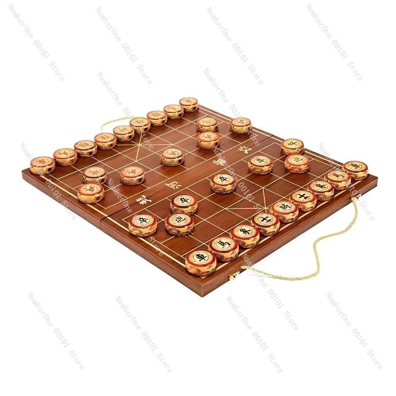 Set di Scacchi Cinesi di Lusso in Seta Dorata e Legno Nanmu, Xiangqi con Design a Doppio Drago e Nove Draghi, Confezione Regalo da Collezione