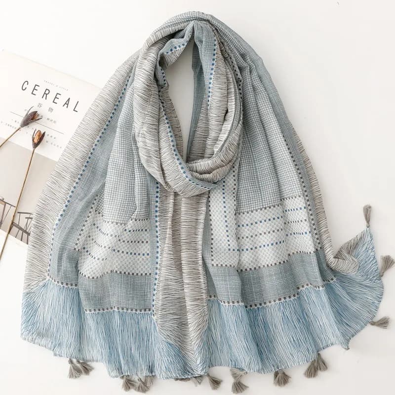 Grey Blue Square Geometric Scarf with Pattern Hand and Nappe Designed, Travel Scarf/Style