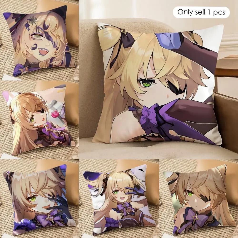 Fischl Genshin Impact Cushion Cover Silky Short Plush Invisible Zipper Dustproof Sofa Pillow Case For Home Decor