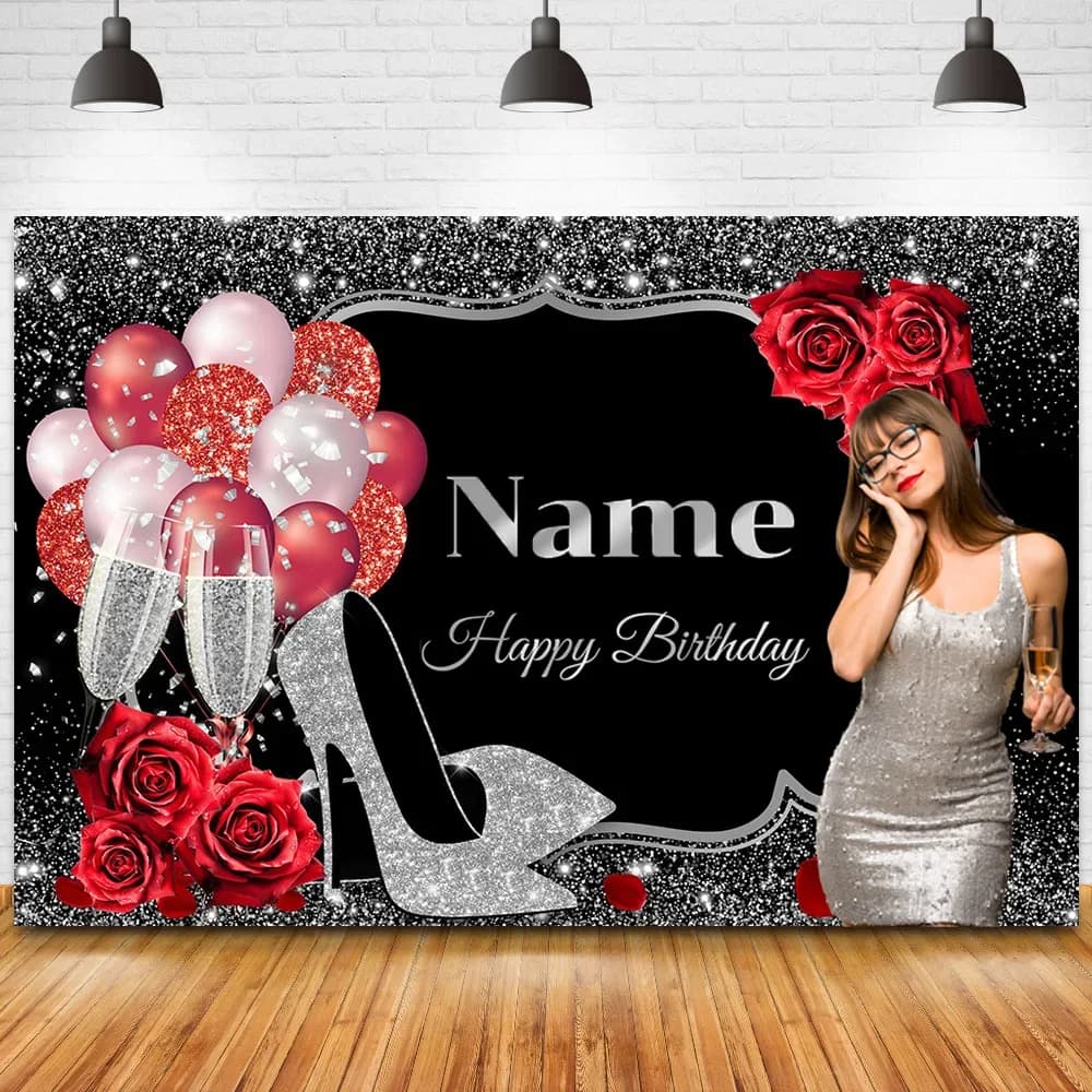 Nome personalizzato e foto Sfondo dorato di buon compleanno Sfondo rosso rosa floreale con palloncini dorati Tacchi Sfondo champagne per banner per feste