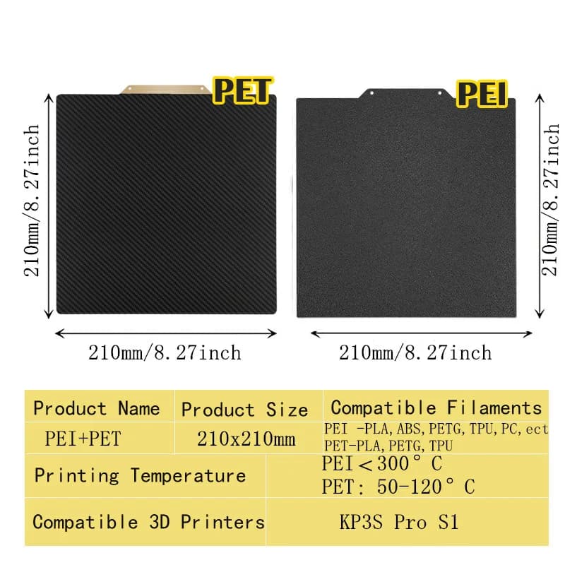 ENERGETIC Upgrade KP3S Pro PEI Print Plate 210x210mm Bifacial Testurized Black PEI + PET Sheet Smooth Steel