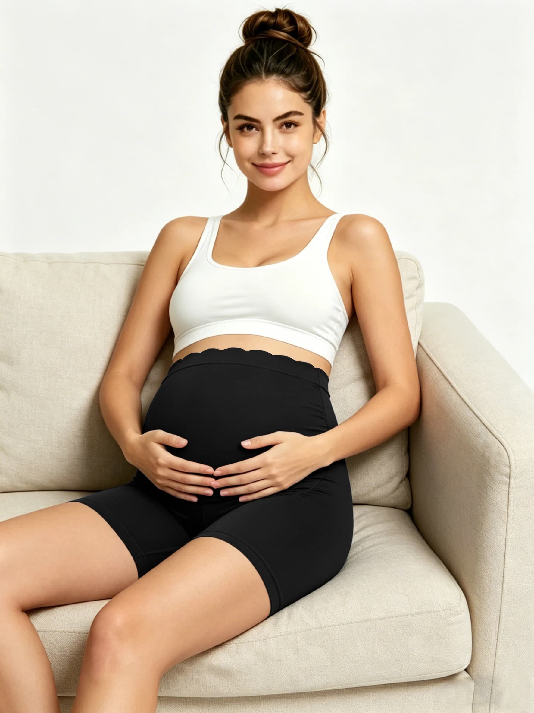 Pantaloncini Yoga Premaman a Vita Alta con Bordo Ondulato, Supporto Pancia, per Ciclismo, Senza Cuciture, Elasticizzati, per Allenamento e Sicurezza Durante la Gravidanza