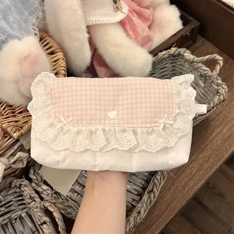 Cute Sweet Girls Pencil Pouch Ruffle Lace Bow Design Flap Small Exquisite Travel Makeup Purse Student School Daily Storage Bag