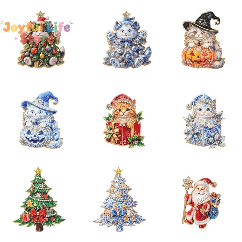 Hot Multi-Styles Christmas Tree Brooches Porcelain Design Winter Christmas Brooches For Women Tree Cats Santa Claus Brooch Pins