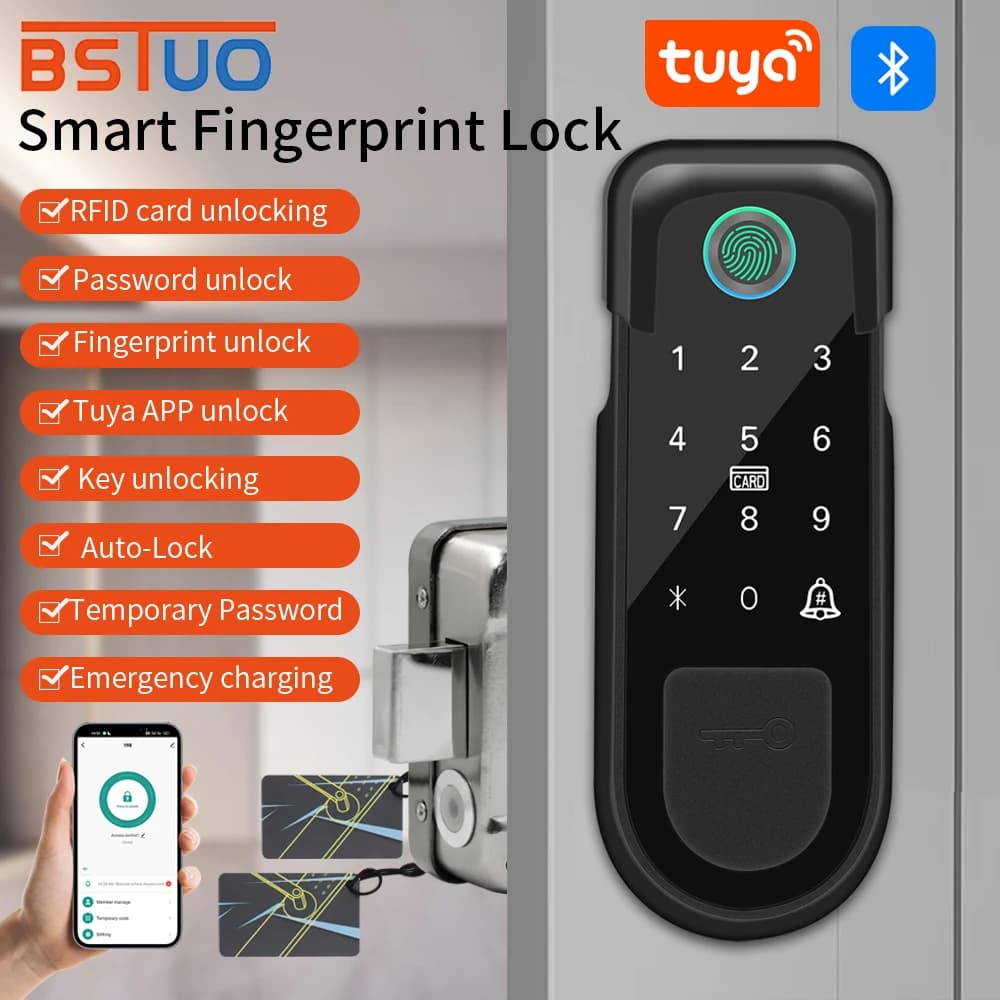 Tuya Smart Home Outdoor Serratura per porta Doppio lato Sensore di impronte digitali Codice digitale Scheda IC App Smart life Serratura elettronica per cancello 3 chiavi