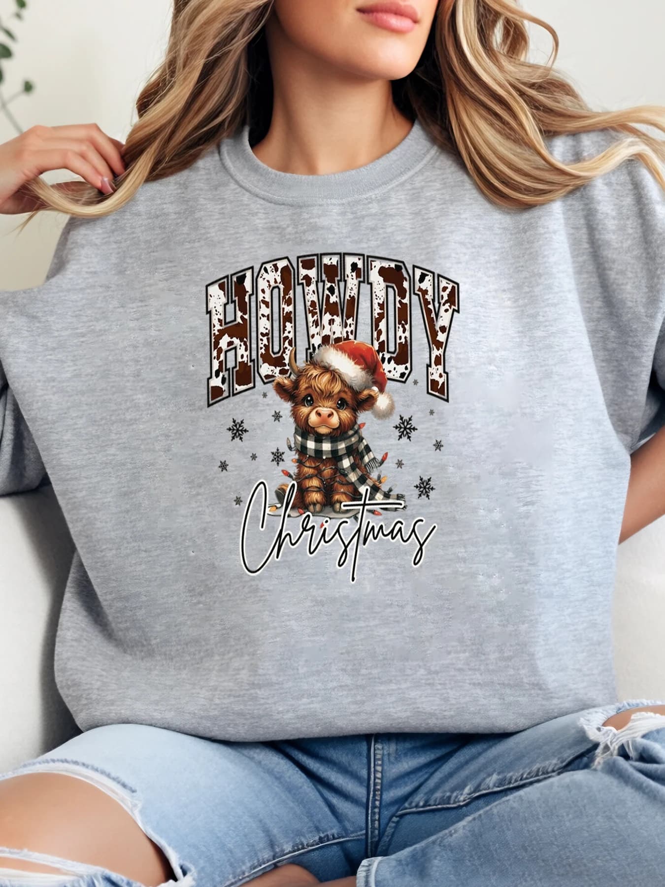 Christmas sweatshirt with Christmas cow print Women casual clothing Party Grey Strong cuts