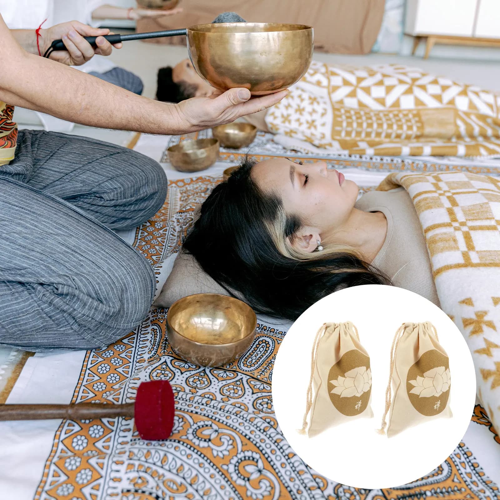 2Pcs Buddhist Singing Bowl Drawstring Bag Compact Durable Tibetan Sound Bowl Carrying Meditation Storage Pouch