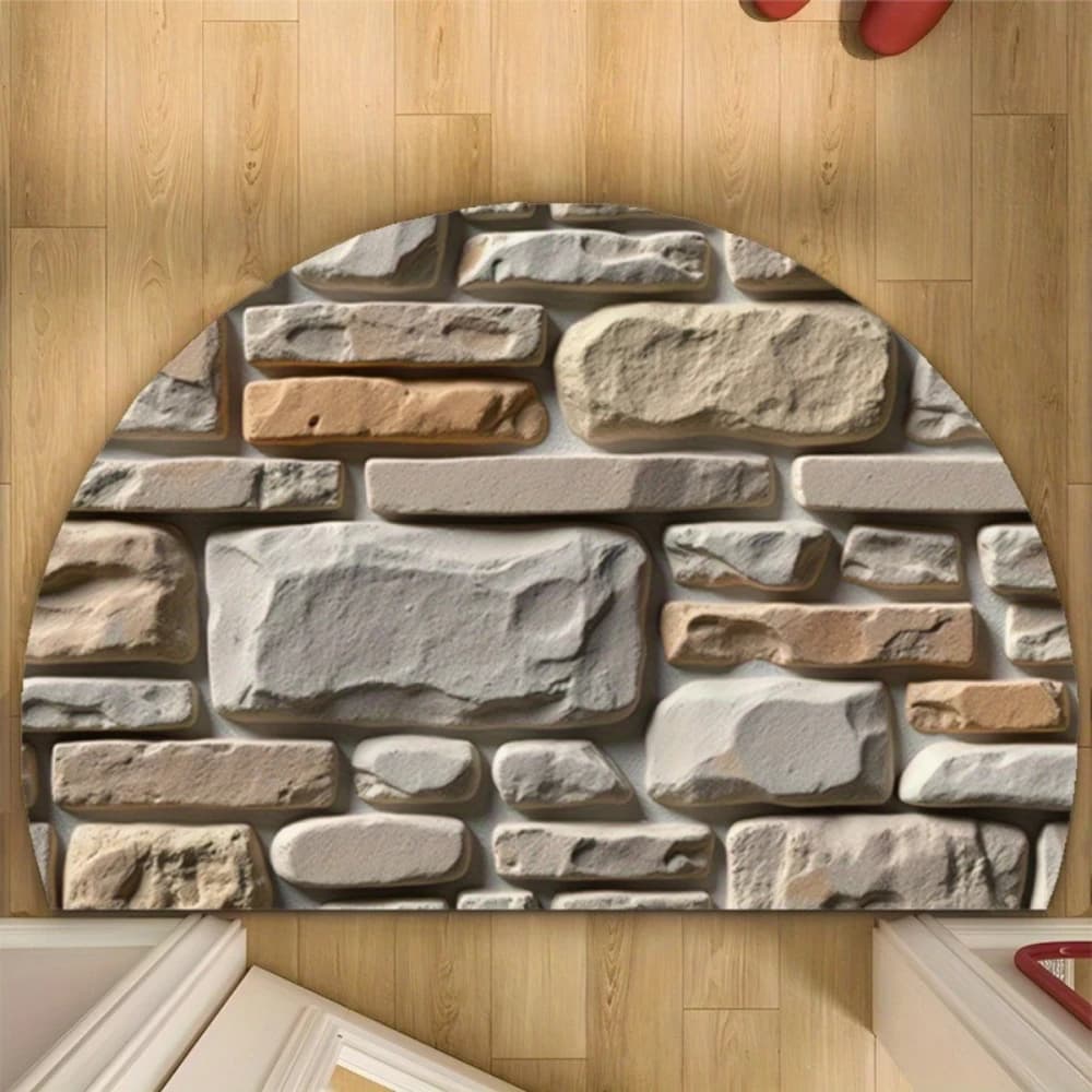 Semicircular entrance hall with 3D graphic print rough pebbles wall effect, for Mediterranean style veranda, 2D dish
