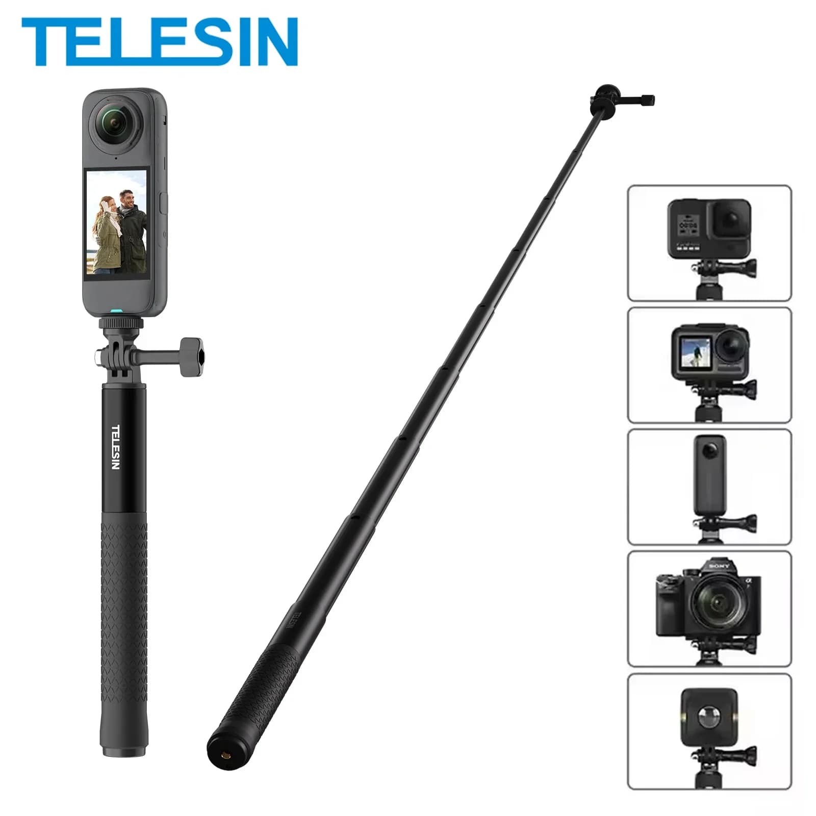 TELESIN Asta Selfie in Alluminio con Treppiede, Monopiede Leggero per GoPro Hero 13 12 11 Insta360 X5 DJI Action 6 5pro 4 Camera