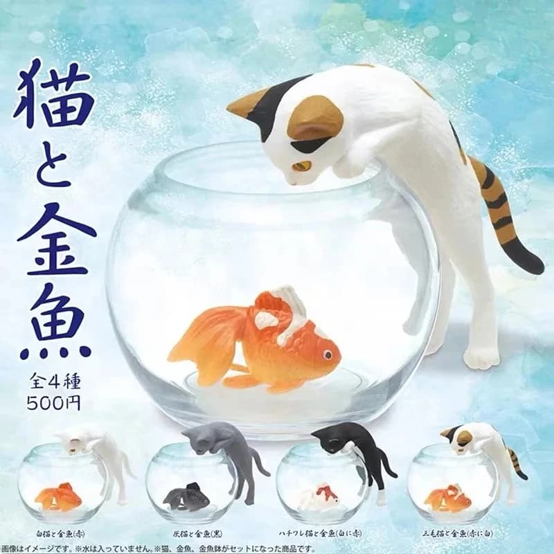 Giocattoli originali in capsula carino kawaii bianco nero calico neko Hachiware gatto e pesci rossi nel acquario Figure di ornamenti per acquari