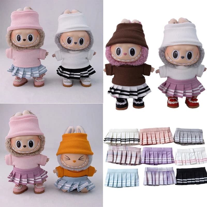 15 17 cm Per Labubu Doll Semplice maglione lavorato a maglia Outfit Abbigliamento Tinta unita Stripe Pieghettato JK Gonna Abito Abbigliamento Accessori