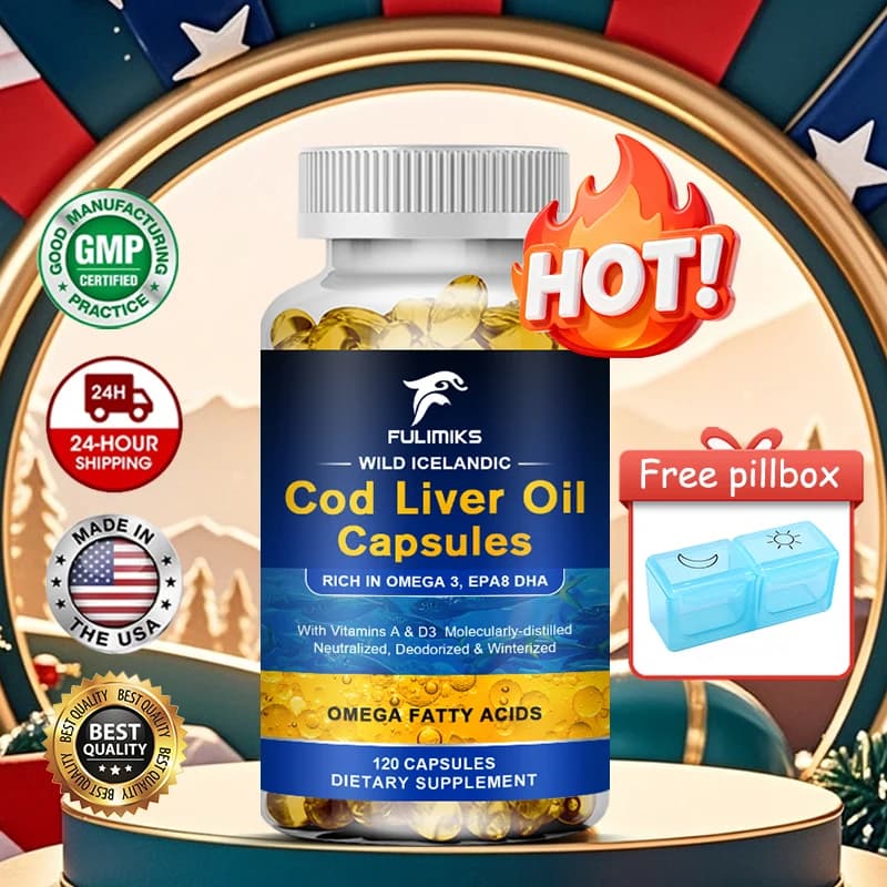 Pure cod liver oil capsules, with vitamins D3, Omega-3, support brain function, strong bones and healthy vision, overall wellness