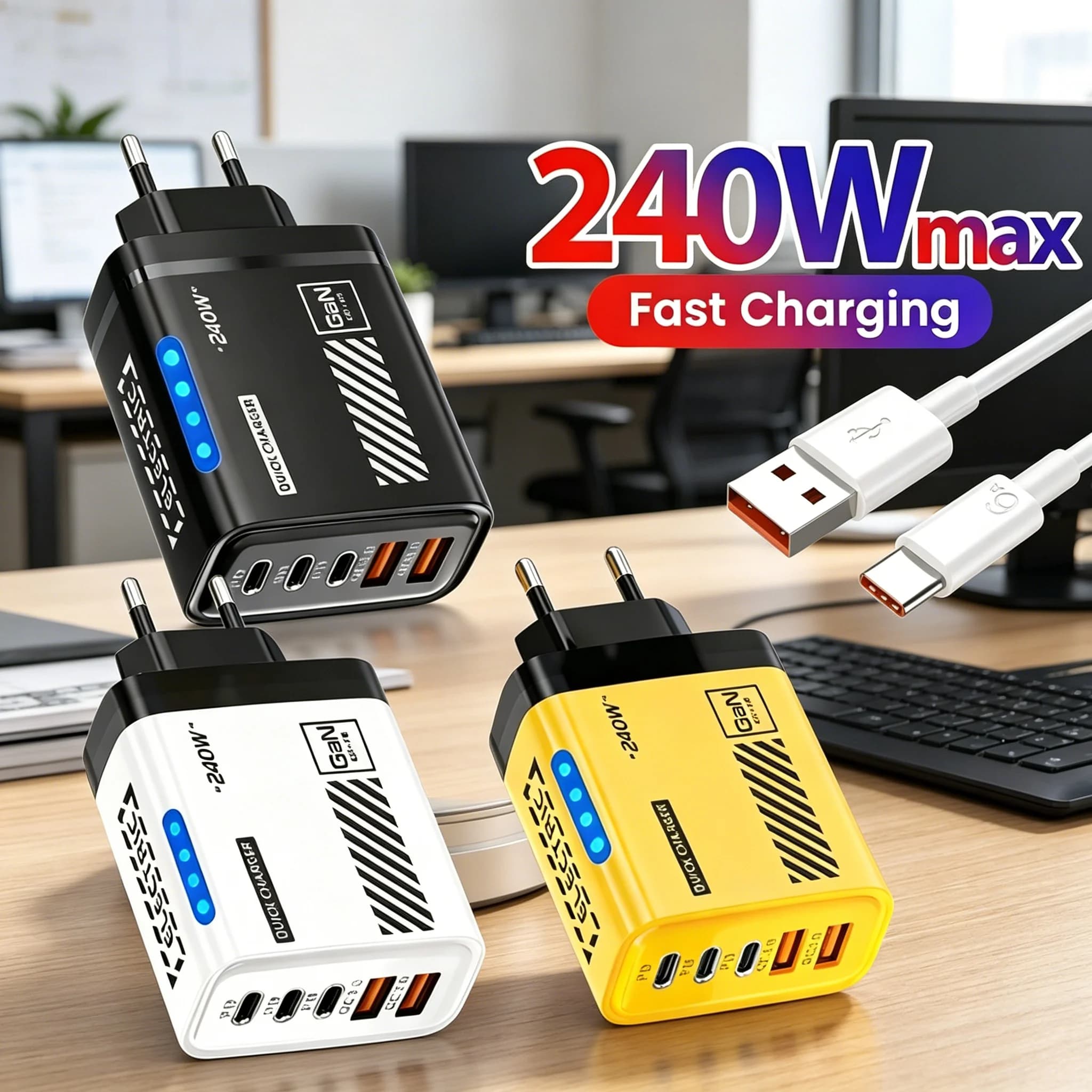 Stazione di Ricarica Rapida GaN 240W a 5 Porte 3PD 2USB per iPhone 17 16 15 Pro Samsung Xiaomi, Adattatore da Parete con Cavo, Spina EU/US