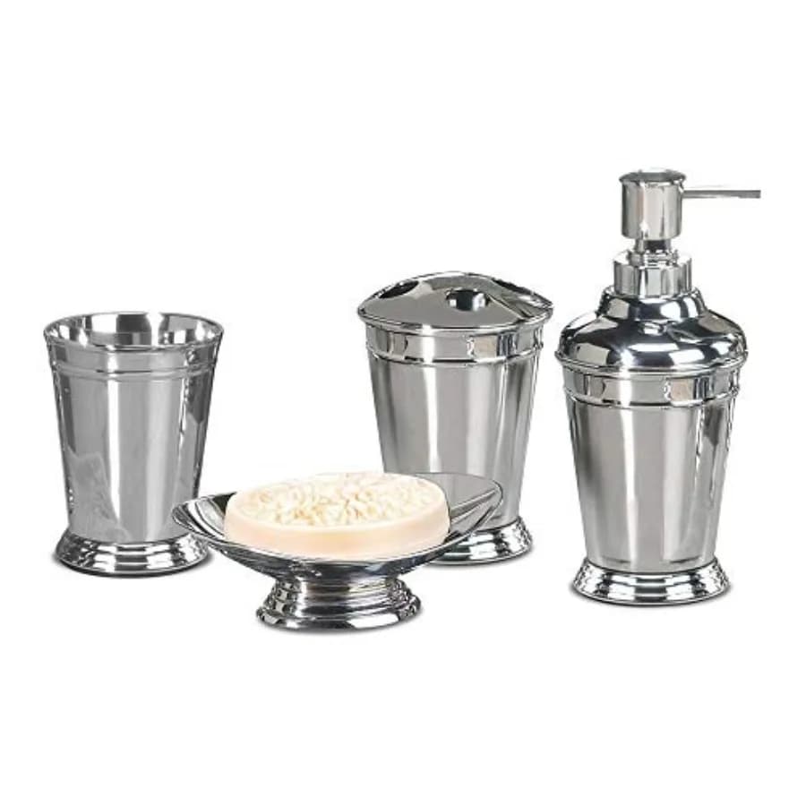 Set di Accessori per Bagno in Acciaio Inox 304 per Piano Lavabo, 4 Pezzi, Ensemble di Lusso Cromato, Portaspazzolino e Portaoggetti
