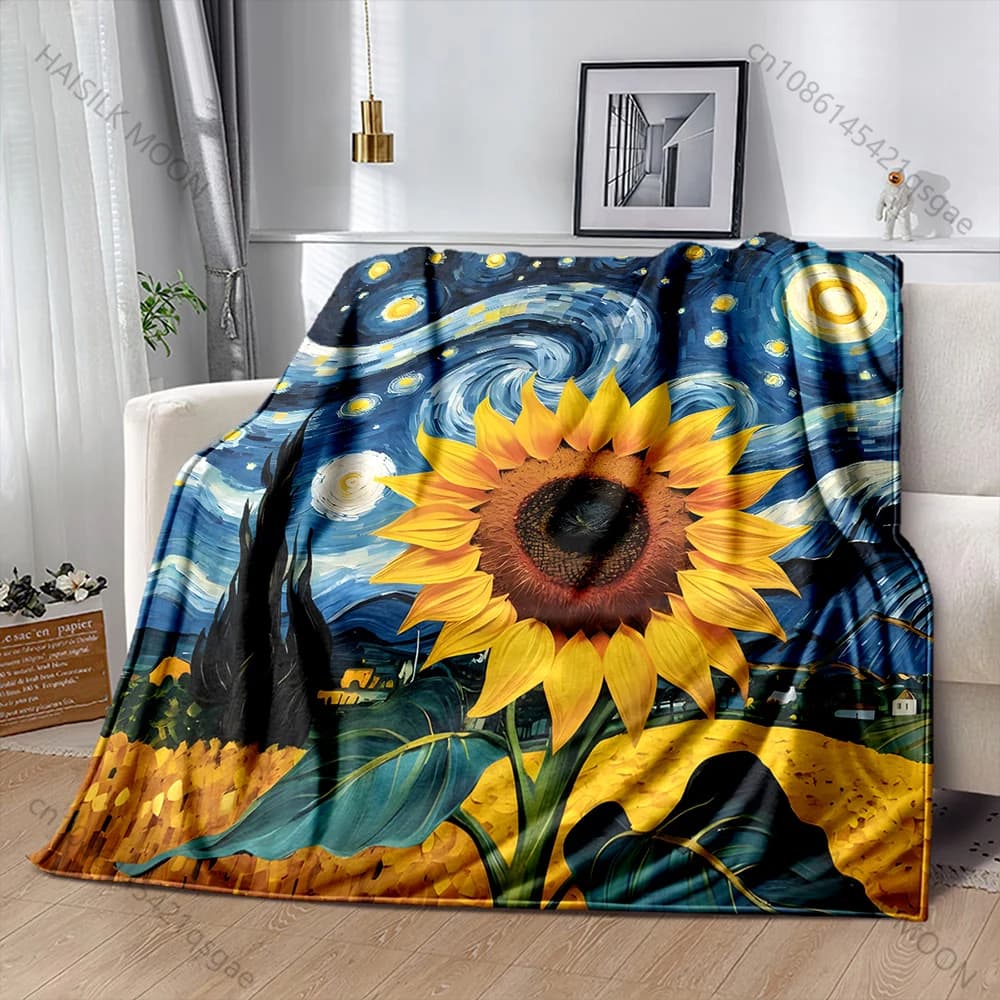 Coperta con motivo a fusione di girasole stellato, materiale in flanella, morbido e caldo per tutte le stagioni, campeggio all'aperto, picnic, camper, regali di lusso