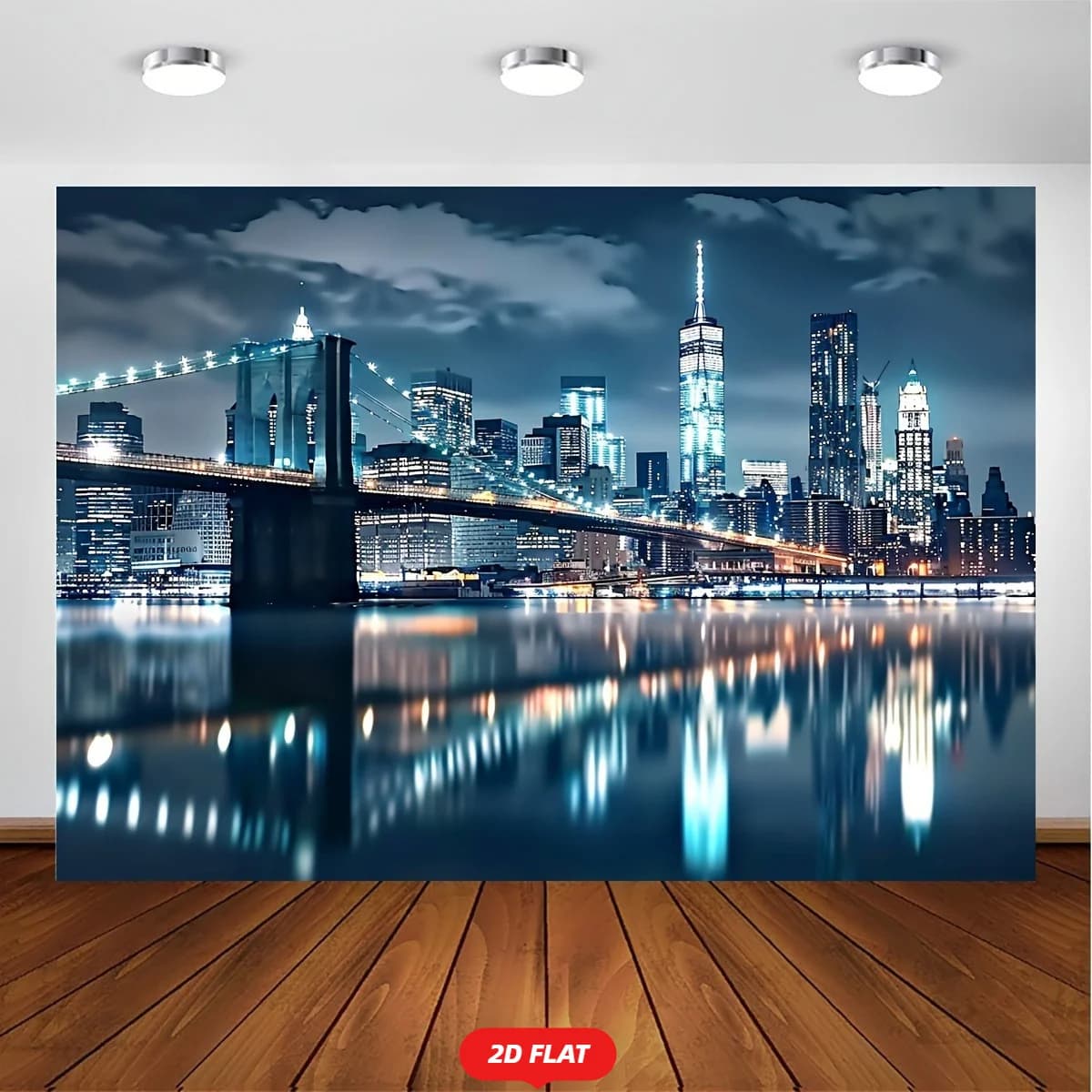 2D Flat,New York City Night Skyline Brooklyn Bridge Reflections Tapestry Wall Hanging for Living Room Bedroom Decor Urban
