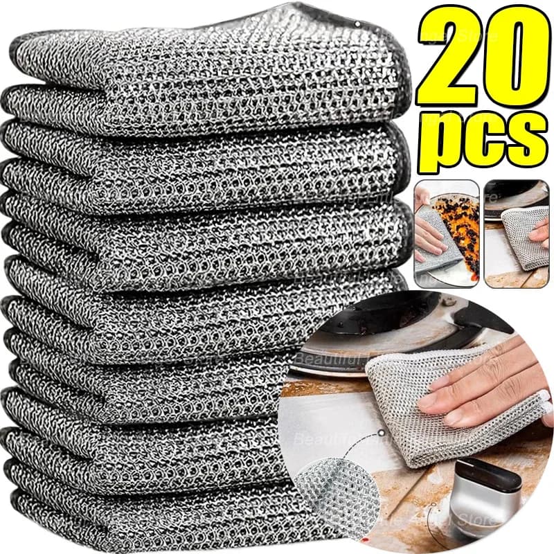 20/5pcs Panno di Pulizia del Filo di Acciaio Addensato Non-Graffio Doppio Strato di Ferro In Microfibra Maglia Dishrag Lavaggio Pentola Stracci Asciugamano Da Cucina
