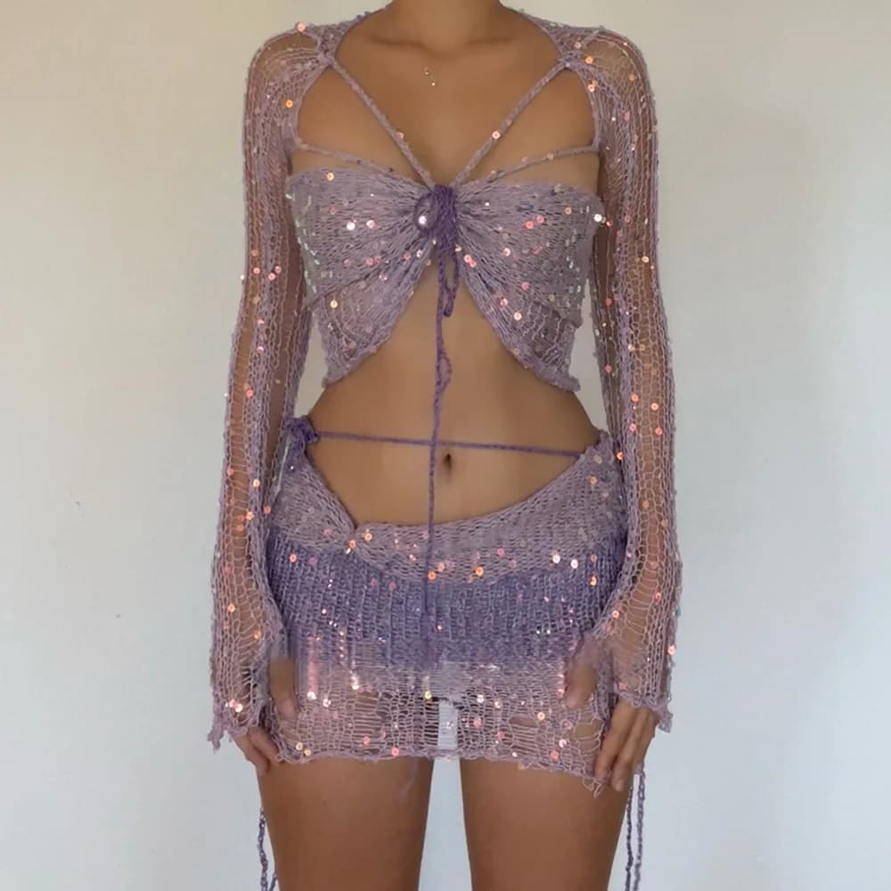 Abito lavorato a maglia all'uncinetto Set di gonne a due pezzi 2025 Abbigliamento invernale da donna Top corto sexy Abito elegante con paillettes in maglia Set da 2 pezzi