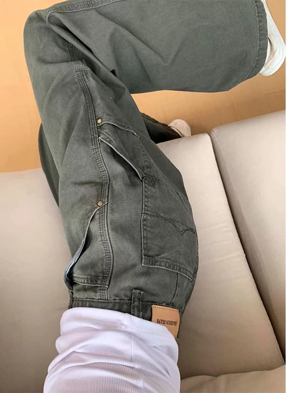 Jeans da Lavoro Vintage Verde Militare Taglie Forti da Donna, a Vita Alta, Gamba Dritta Slim, Gamba Larga, Casual, Moda Autunnale
