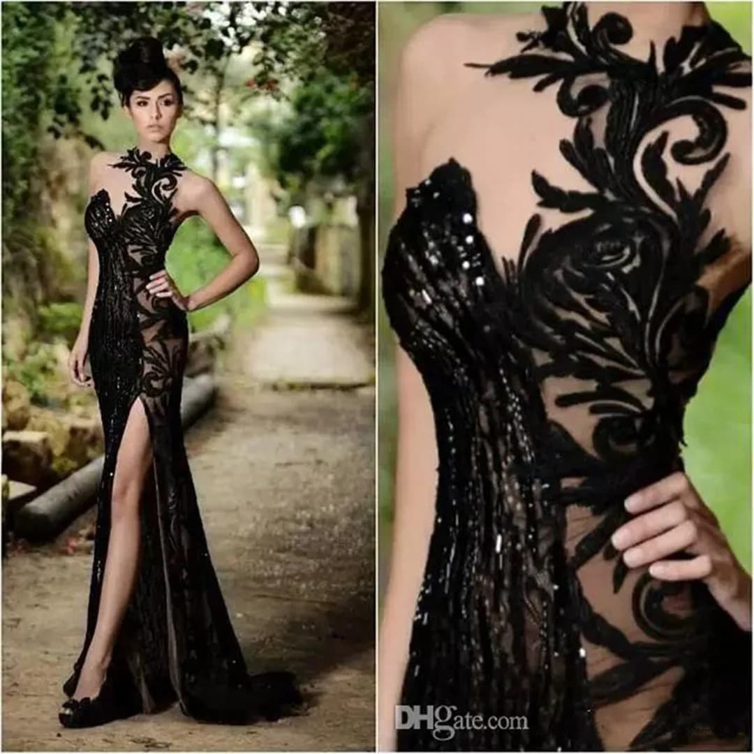 Abiti da ballo a sirena Abiti da sera con collo alto Paillettes Perline Abito da festa formale lungo con spacco laterale alto Realizzato su misura