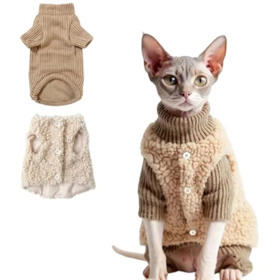 Cat Costume and Puppy Clothes 2-Piece Set, Soft Warm Lamb-Fleece Jacket and Breathable Knit Sweater for Small Dogs and Kittens,