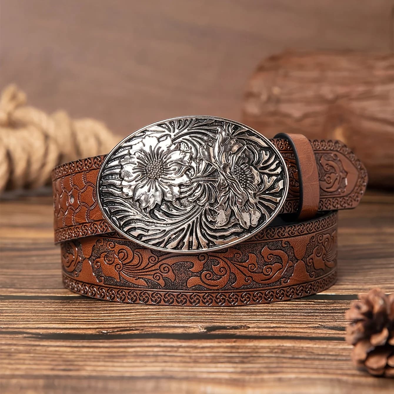 Cintura Vintage da Donna Stile Western Casual con Incisione Floreale Asimmetrica, Borchie Goffrate, Dettagli Weekend, 'Belt'
