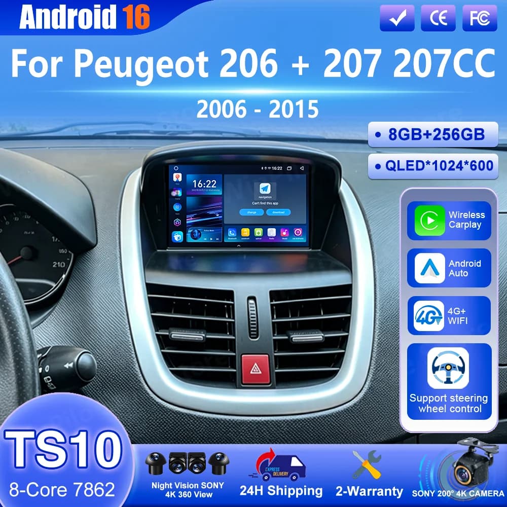 Android 16 For Peugeot 206 + 207 207CC 2006 -2015 Auto Carplay Multimedia Player Radio Stereo GPS Navigation Bluetooth Car DVD