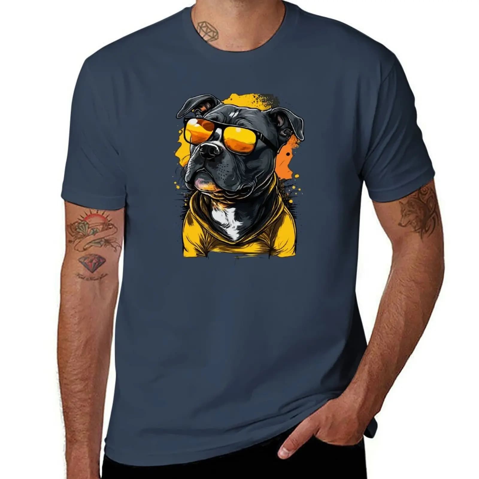 Cool Wearing Sunglasses Staffy Mirrored Yellow T-Shirt Camicia in cotone a maniche corte per sport attivi