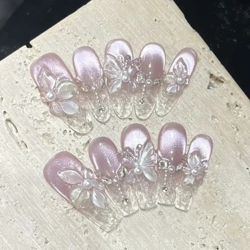 Spring 3D Bauhinia Flower Handmade Press On Nails Glitter Purple Pink Cat Eye Fake Nails Pearl Butterfly Petal Oval Nail Art